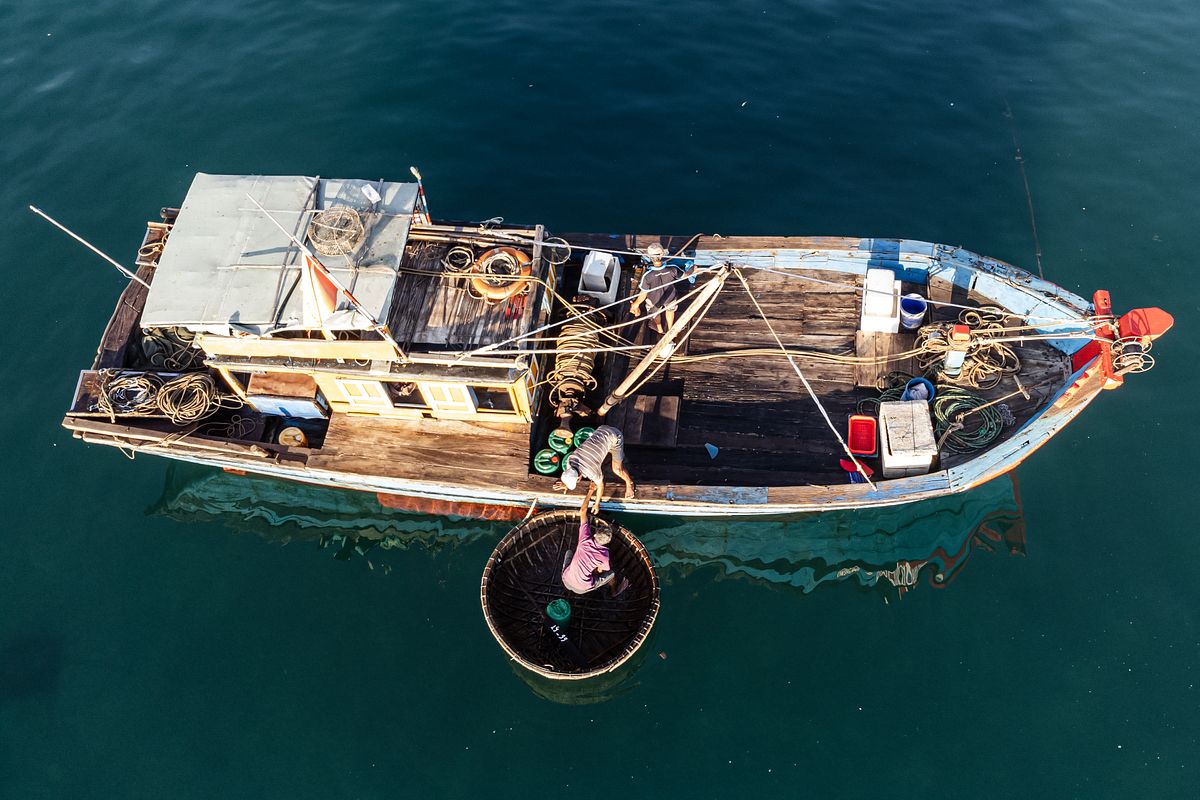 Vertical view of a traditional round fishing boat, parisal, with