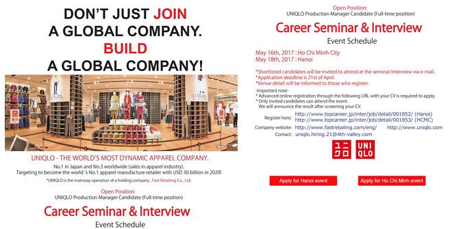 Production Department for New Graduates  FAST RETAILING CAREER  OPPORTUNITIES